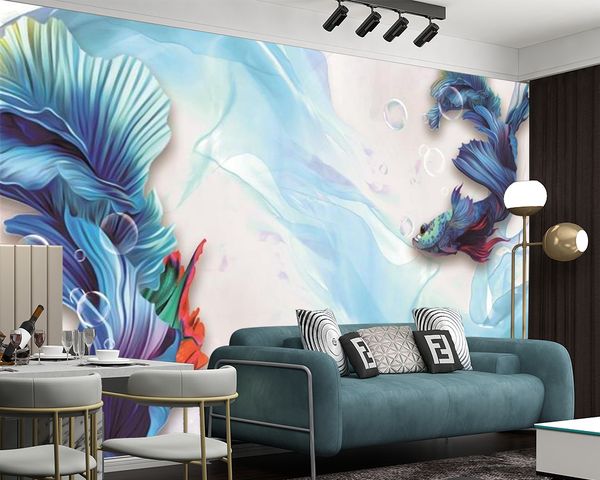 Color Fish Mural 3d Wallpaper Impresión digital Mejoras para el hogar Sala de estar Dormitorio Impermeable Antifouling Papeles pintados modernos Revestimiento de paredes