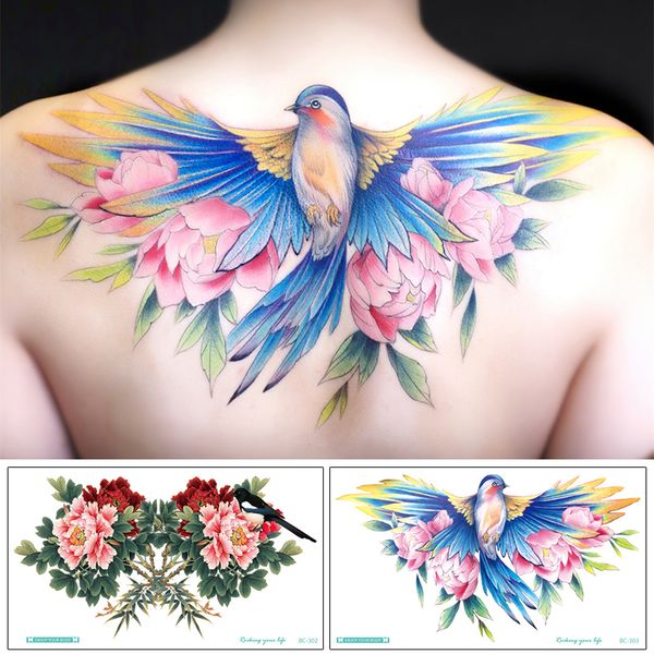 Color flor brazo impermeable tatuajes temporales pájaro rosa mujeres verano playa Sexy pecho espalda cuerpo arte tatuajes falsos al por mayor