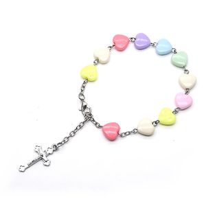 Color Heart Cross Rozenkrans Armband voor vrouwen Religieuze Jesus Christ Sieraden