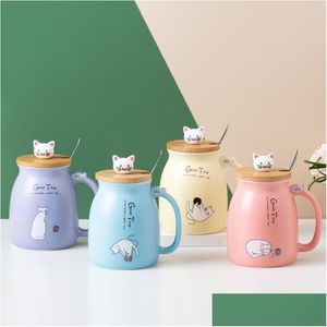 Couleur HeatreSistant Cat Creative Cartoon avec le couvercle 450 ml de chaton Café Cerramic Mugs Children Office Drinkware Gift 20211 DHMAF S