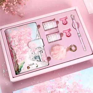 Kleur Binnenkant Page Cherry Blossom Handboek Gift Box Set Japanse Losse-Blad Boek Antieke Leuke Studenten Notebook Planner 210611