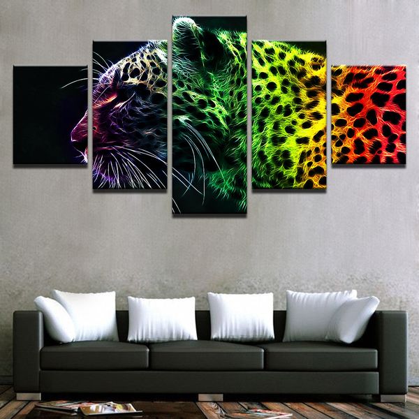 Affiche léopard couleur, toile modulaire, imprimés HD, décoration de maison, images d'art murales, KIT de peintures 5 pièces sans cadre