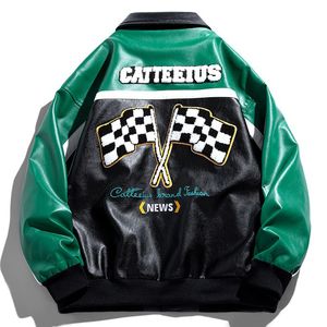 Veste en cuir de couleur assortie hommes lâche imprimé à carreaux coupe-vent uniforme de baseball hiphop lettre broderie veste de moto hiver 220805