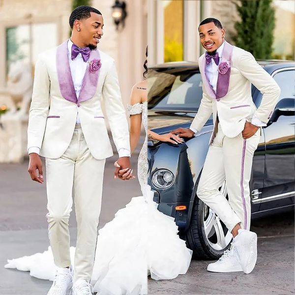 Tuxedos de mariage pour hommes, couleurs assorties, blanc, violet, pantalons, costumes, belle tenue formelle de bal, veste et pantalon