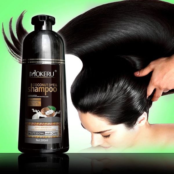 Color Mokeru, esencia de aceite de coco orgánico Natural, tinte negro para cabello, champú que cubre el cabello gris, tinte permanente para cabello, champú 500ml