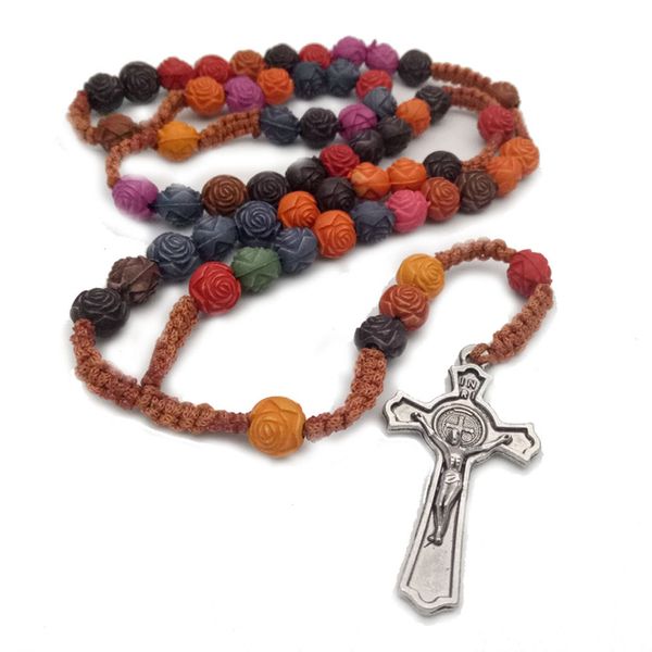 Couleur plastique Rose perles Vintage croix chapelet collier Christ jésus à la main religieux prier bijoux pour hommes femmes