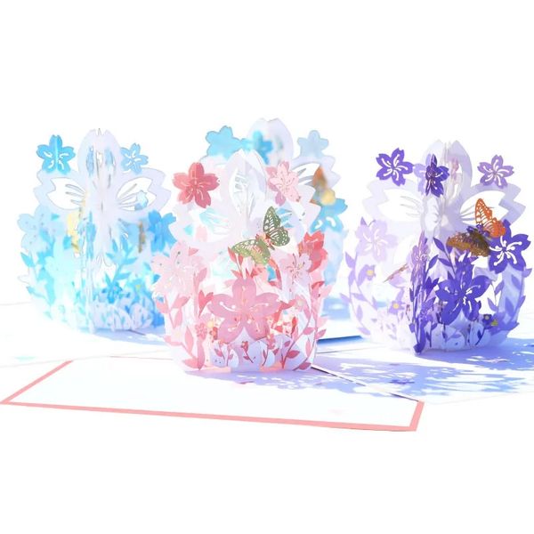 Impression couleur 3D carte de voeux tridimensionnelle fleur de conque papillon panier de fleurs creuses Saint-Valentin Dards Love Festival