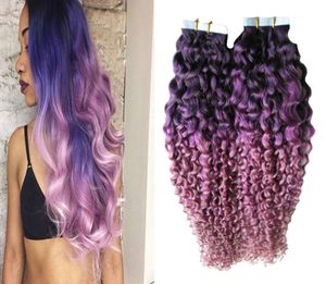 Couleur Purplepink ombre cheveux brésiliens 40pcs Courcy curly Vierge coiffure Tour 100g Ruban dans les extensions de cheveux humains5701324