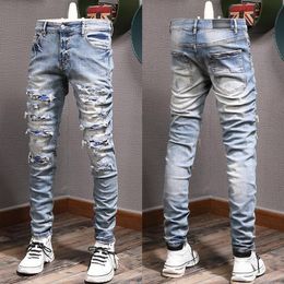 Color Rip Jeans Man Biker Jeans Slim Fitness Fade Washed Denim Pants3065