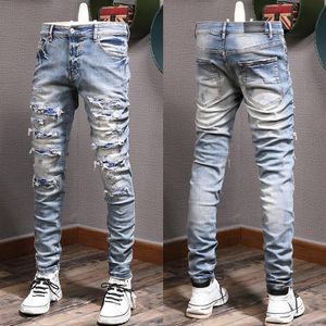 Jean déchiré de couleur pour homme, pantalon de motard, Slim, Fitness, délavé, Denim, 261E