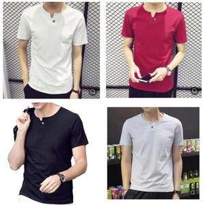 Kleur Solid Mens Summer Tops T -shirts Single Button Design Hommes Soft T -stukken met korte mouwen