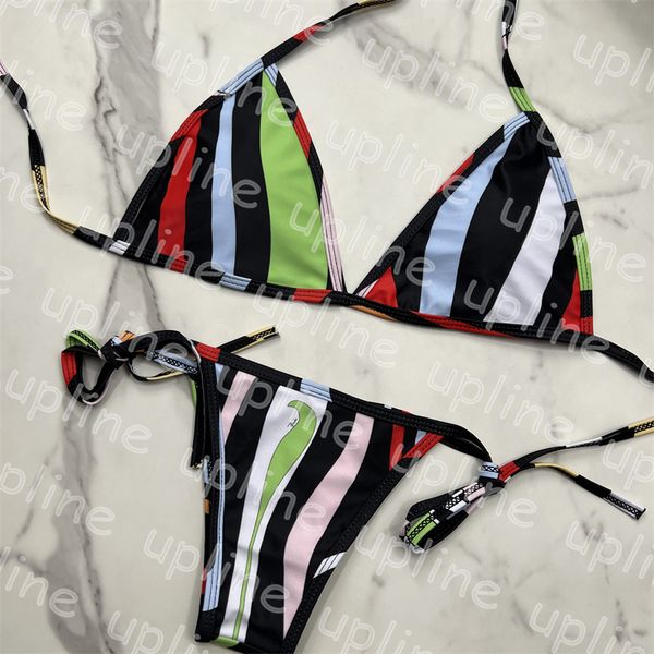 Bikini a rayas de color para mujer, traje de baño Sexy de cintura baja, bikinis de verano con cordones para exteriores, traje de baño de Tanga, traje de baño de diseñador