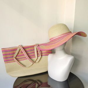 Conjunto de sombrero de paja de ala ancha a rayas de color, sombrero de verano, bolso de cubo tejido a mano para mujer, sombrero de protección solar para vacaciones en la playa 240314