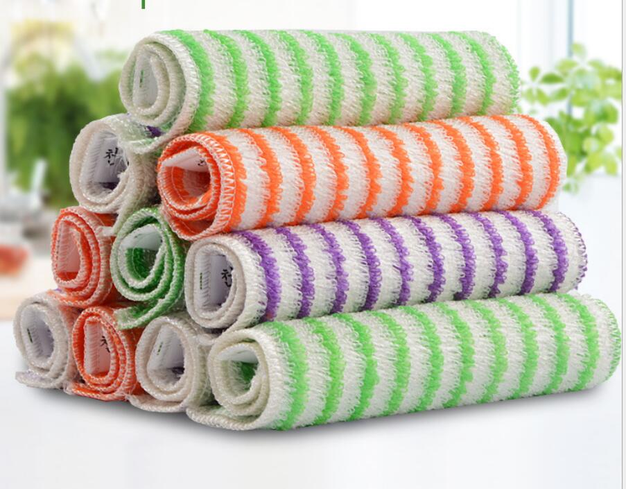 Color stripes non-stick oil dish towel double thick bamboo fiber kitchen cleaning rag scouring pad