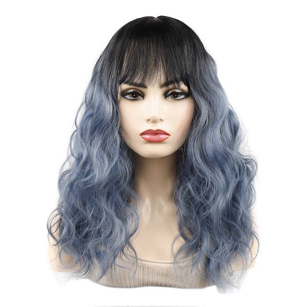 Couvre-tête de perruque de couleur Qi frange cheveux bouclés noir brume bleu couvre-tête de couleur moyenne et longue ondulation de l'eau faux couvre-chef