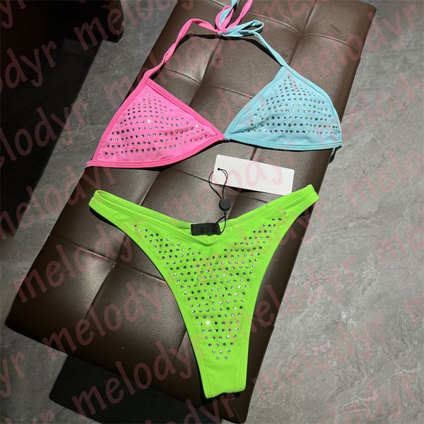 Couleur femmes maillots de bain Sexy string Bikini ensemble vacances d'été strass natation maillot de bain