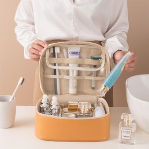 Kleurblokcompartiment cosmetische tas licht luxe draagbare handtas multifunctionele waterdichte toiletzak reizen pu opbergzak