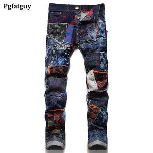 Colorblock Patchwork hommes jean printemps automne épissé déchiré Denim pantalon mâle mode mince couleur Patch pantalon droit P277V