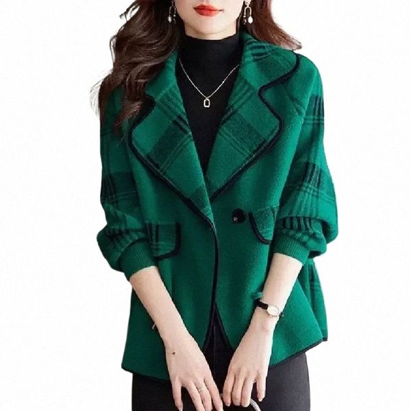 Colorblock Plaid Crop Vêtements Manteaux pour Femmes Lâche Laine Mélange Blazer Femme Vérifier Court Tweed Survêtement Vert Veste Printemps 05HQ #