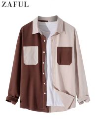 Chemise colorblock pour hommes bouton manches longues chemisiers décontracté Streetwear chemises avec poche col rabattu hauts
