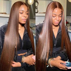 Colored 13x4 Front Human Hair Wigs For Women 180% PrePlucked Wavy Brazilian Remy Dark Brown Straight Lace Frontal Wig