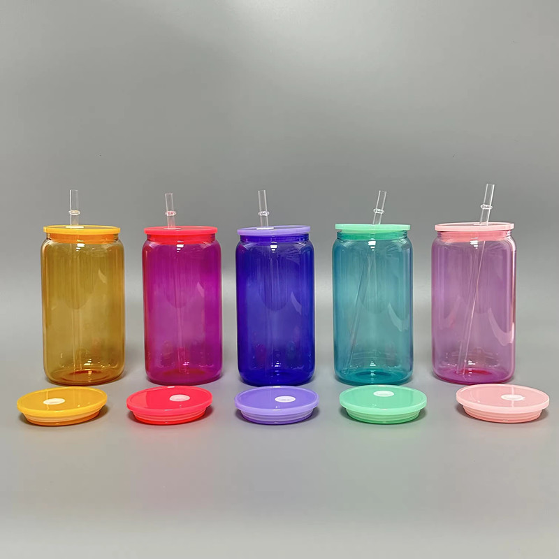 Gekleurde 16oz sublimatie blanks glazen bekers tuimelaar sap Mason Jar ijsdrank bier drinken kan glazen kopjes koffiemokken met plastic deksels rietjes