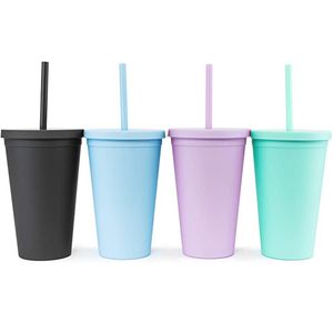 Gekleurde Acrylic Tumblers 16oz Double Wall Matte Mokken Plastic Skinny Tumbler Kids Draagbare Waterfles Bruiloft Giften voor Vrienden