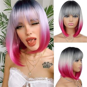 Pelucas Bob de colores con flequillo para mujer, peluca recta corta sintética para Cosplay, cabello falso Natural para uso diario