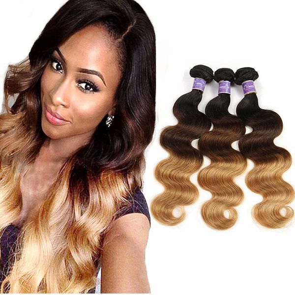 Cheveux brésiliens colorés 3 paquets vague de corps T 1b/4/27 # trois tons Blonde Ombre Extensions de cheveux en gros Remy tissage de cheveux humains