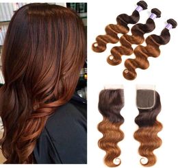 Cheveux brésiliens colorés ombrés brun foncé 3 faisceaux avec fermeture deux tons brésiliens 430 vague de corps tissage de cheveux blonds avec Clo3911486