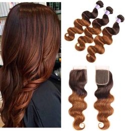 Color brasileño ombre marrón oscuro cabello humano 3 paquetes con cierre de dos tonos 430 ola de ola de cuerpo rubio tejido con clo3061961