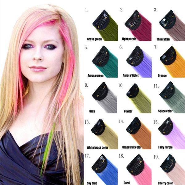 Extensiones de cabello con clip de colores, 24 pulgadas, rectas coloridas para mujeres y niños, multicolores, para fiestas, cola gruesa, reflejos, postizos sintéticos con rayas