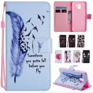 Couleur Dessin Plume Imprimer Folio Portefeuille En Cuir Couverture Bracelet Corde Sangle Double Emplacements Pour Cartes Holster Shell pour Samsung J7 A8 LG Stylo4 Sony