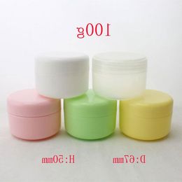 Envases de lata de plástico redondos vacíos de colores 100 ml, 100 g Envases de maquillaje cosmético Frasco de botellas de PP con tapas Blanco / rosa / amarillo Qnhlx