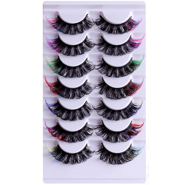 Couilles de cils colorées Cils de vison avec couleur à l'extrémité des coussins de cils colorés moelleux dramatiques longs Cat Eye cils Full Curly 3d D Curl Extensions Strip Pack 7 paires