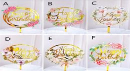 Fleurs colorées joyeux anniversaire gâteau Topper doré acrylique fête d'anniversaire Dessert décoration pour bébé douche fournitures de cuisson 7050043
