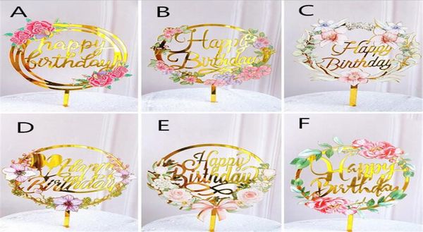 Flores de colores adorno para tarta de feliz cumpleaños acrílico dorado fiesta de cumpleaños decoración de postres para Baby shower suministros para hornear 7050043