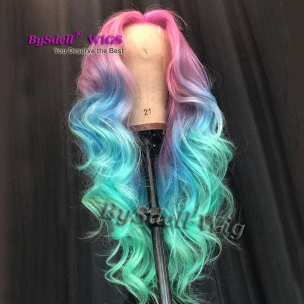 Perruques de cheveux colorés synthétiques longue vague lâche ombre rose bleu cheveux colorés dentelle avant perruque sirène Cosplay fête pelucas perruques pour Wo8088154