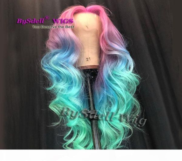 Perruques de cheveux colorés synthétiques longue vague lâche ombre rose bleu cheveux colorés dentelle avant perruque sirène Cosplay fête pelucas perruques pour Wo7950791