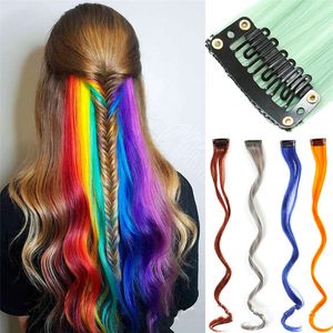 Gekleurde haarstukclip in haarextensions Hittebestendige synthetische rechte haarstukken voor vrouwen met meerdere kleuren feesthoogtepunten