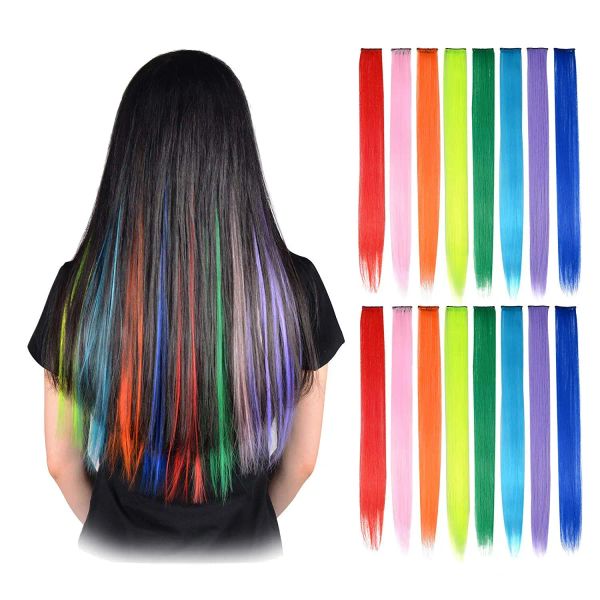 Extensiones de cabello sintético de color resaltado Clip Long Rectivo en horquilla para mujeres Niñas Girlas Rainbow Color Piezas 10 PCS