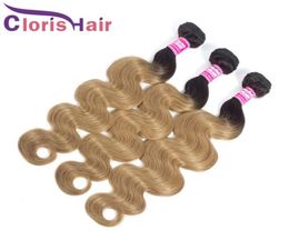 Extensiones de cabello humano rubio miel de color Paquetes de ondas del cuerpo indio virgen crudo 3 piezas Barato 1B 27 Dos tonos Rubio ondulado Ombre teje 4079799