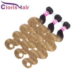 Color Honey Blonde Extensiones de cabello humano Raw Virgin Indian Body Wave Bundles 3pcs Cheap 1B 27 Two Tone Blonde Wavy Ombre Weaves 266A