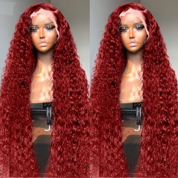 Camino de cabello de encaje de encaje de color rizado 220%densidad 13x6 hd peluca frontal para mujeres ola profunda burdeos 13x4 peluca roja transparente sin glóbulo