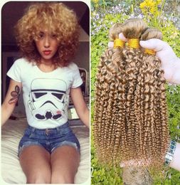 Cabello peruano de color 3 Bundles Kinky Curly Cheap 27 Honey Blonde Hair Extensions Brasil Peruano Malasia Virgen Human Cabello 1926536