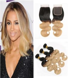 Cheveux indiens crus colorés 3 paquets avec fermeture à lacets partie centrale vague de corps T1B 27 blond miel Ombre cheveux humains Weaves2887543