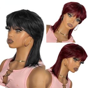 Colored Short Straight Bob Pixie Human Hair Wig With Bangs For Women Brazilian Remy Hair Non Full Lace Front Burgundy Red Cheap Wigs