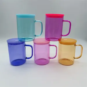 Tasses en verre de sublimation transparentes colorées de 17 oz avec poignée, gobelet de camping, pot de jus, boisson glacée, canette de bière, verres, tasses à café avec couvercles en plastique, pailles