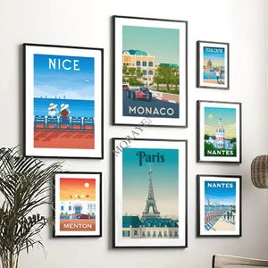 Coloré Voyage Ville Toile Peinture Paysage Illustration Affiches France Nice Paris Monaco Nantes Wall Art Living Home Steert Bar Café Décor No Frame Wo6