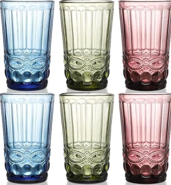 Verres à eau colorés Verres à boire vintage Verres romantiques en relief Verrerie colorée Jus d'eau Boissons Bars I0713